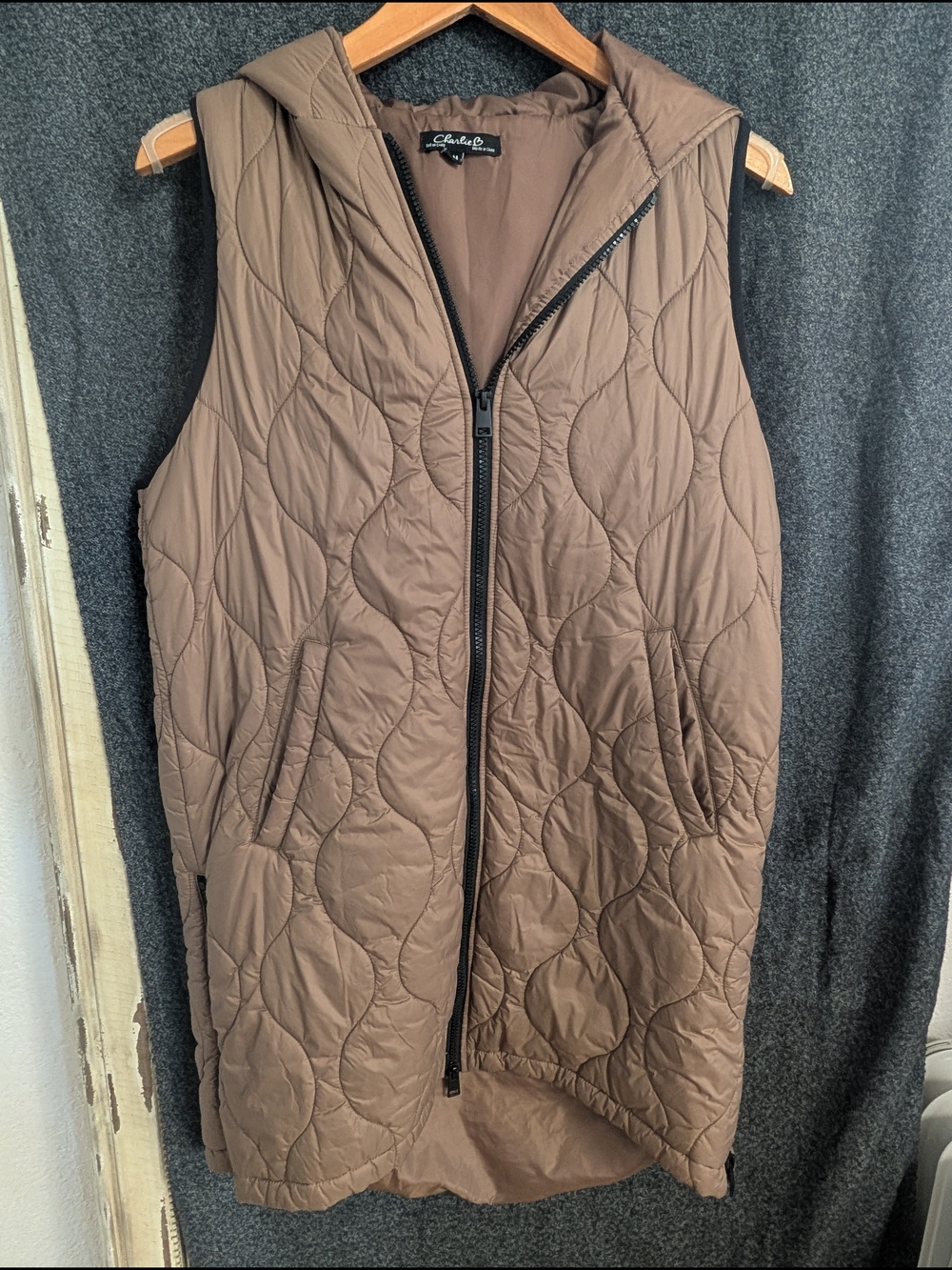 CHARLIE B Quilted Hooded Vest in Brown
